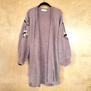 Simply Couture Long Open Front Embroidered Sweater Cardigan Tan Size L